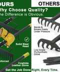 Comparison of Tough-As-Nails 17 Inch Metal Bow Rake With XL Cowhide Gloves and inferior rake with synthetic glove.
