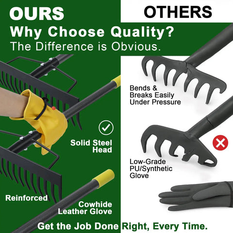 Comparison of Tough-As-Nails 17 Inch Metal Bow Rake With XL Cowhide Gloves and inferior rake with synthetic glove.