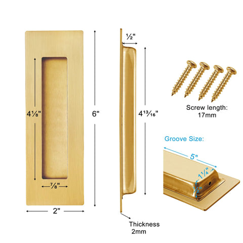 Diagram of 6 Inch Recessed Finger Flush Door Pulls For Pocket And Sliding Barn Doors In Brushed Gold Stainless Steel with screws