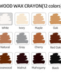 12 Colors Wood Filler Sticks Wax Crayons color chart showing white, ivory, maple, oak, natural, gray, cherry, red oak, rosewood, walnut, mahogany, black.
