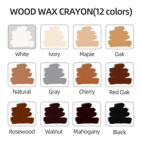 12 Colors Wood Filler Sticks Wax Crayons color chart showing white, ivory, maple, oak, natural, gray, cherry, red oak, rosewood, walnut, mahogany, black.
