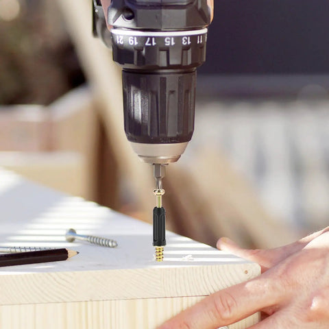Drilling M6 x 40 mm zinc alloy dowel into wood using Top Shelf Eccentric Cabinet Connectors for 19 mm panels.