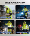 Tough As Nails High Visibility Reflective Rain Suit Set With Waterproof Jacket And Pants For Construction And Road Work Crews in use for construction, cycling, traffic control, and emergency rescue.