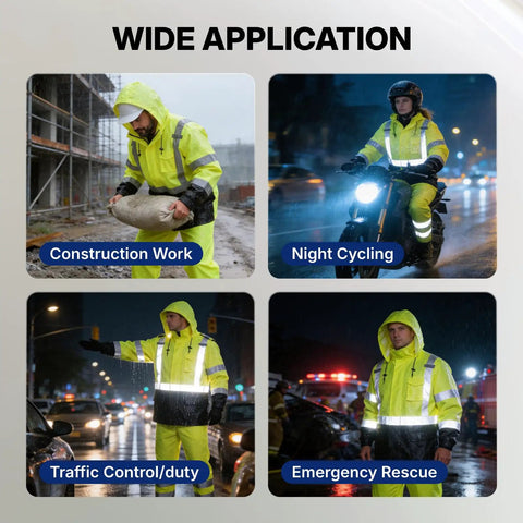 Tough As Nails High Visibility Reflective Rain Suit Set With Waterproof Jacket And Pants For Construction And Road Work Crews in use for construction, cycling, traffic control, and emergency rescue.