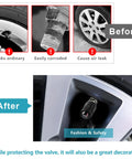 Comparison image of old and new valve stems showing Corvette Tire Valve Stem Caps 4 Pack Aluminum Alloy Black Anodized Protect Valve Stems