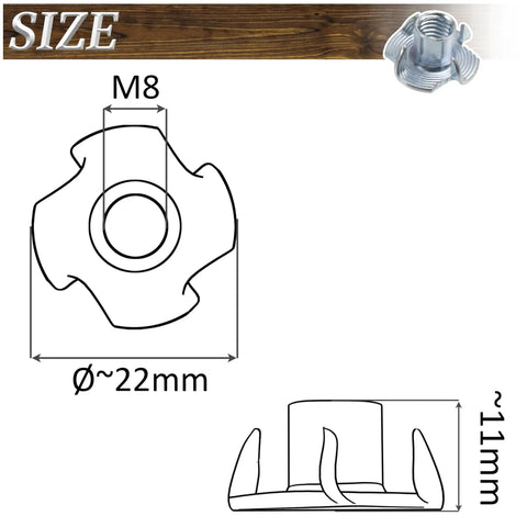 Diagram of M8 claw nut dimensions for 12 Pack Adjustable Furniture Jack Feet And 12 M8 X 11 Impact Claw Nuts Kit.