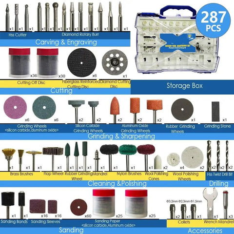 Complete 287 Piece Rotary Tool Accessory Kit For Precision Drilling Cutting Grinding And Polishing Wood Metal Plastic Glass With Sturdy Storage Case featuring organized bits and attachments.