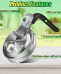 Stainless Steel Pour Spout Lid With Handle For Wide Mouth Jars, Spillproof Flip Cap shown on kitchen counter with features labeled