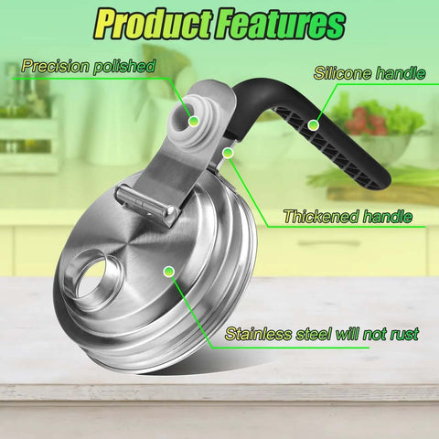 Stainless Steel Pour Spout Lid With Handle For Wide Mouth Jars, Spillproof Flip Cap shown on kitchen counter with features labeled