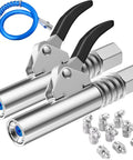 Heavy Duty Grease Gun Coupler Kit With Quick Lock Release, Two Couplers, Twelve Inch Flex Hose, Nine Nipple Nozzles M6 M8 M10