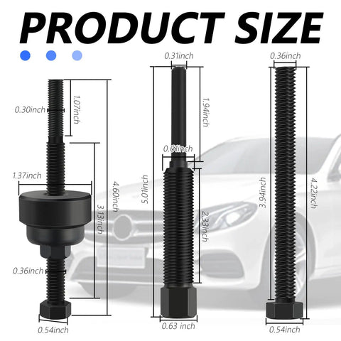 Product size chart for Heavy Duty Carbon Steel Power Steering Pump Pulley Removal Tool Set with detailed measurements.