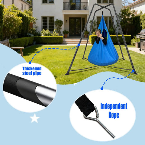 Child on All-In-One Swing Stand With Nest Swing Chair And Detachable Play Tent, X-shaped heavy-duty frame in backyard