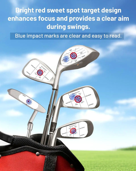 Golf Impact Tape With Red Target Sweet Spot on club faces for swing feedback, visible blue marks, outdoor practice setting
