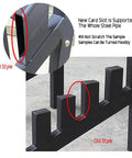Slick Floor Standing Tile Display Rack detail showing new and old card slot design for easy sample display and access.