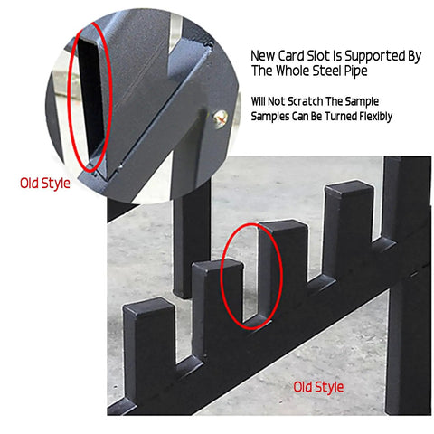 Slick Floor Standing Tile Display Rack detail showing new and old card slot design for easy sample display and access.