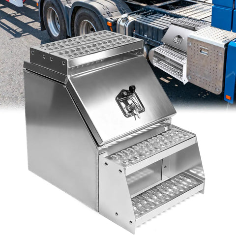 18 Inch Aluminum Side Mount Tool Box For Semi Trucks With Saddle Step showcasing heavy duty storage with lockable latch