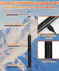 USB rechargeable igniter with stainless steel pipe, safety switch, lighter head, and charging socket, against mountain backdrop
