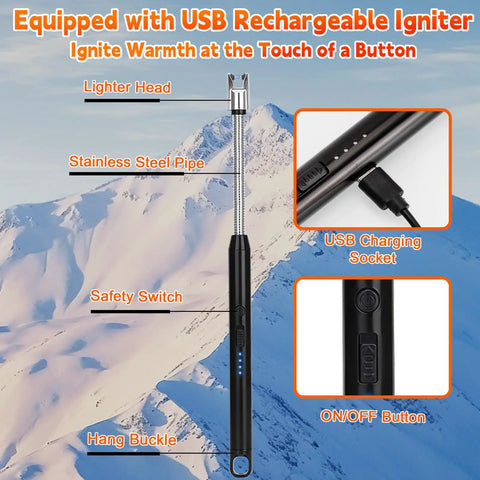 USB rechargeable igniter with stainless steel pipe, safety switch, lighter head, and charging socket, against mountain backdrop