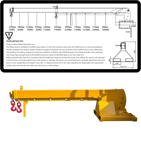 Adjustable Telescopic Forklift Boom Arm Mobile Crane Jib Lifter Hook Heavy Duty Steel Construction lifts up to 4400 lbs.
