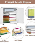 Rolling Craft Cart With Storage Cabinet And Drawers For Cricut Projects showing open cabinet with paper organizer and drawers