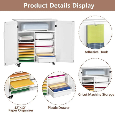 Rolling Craft Cart With Storage Cabinet And Drawers For Cricut Projects showing open cabinet with paper organizer and drawers