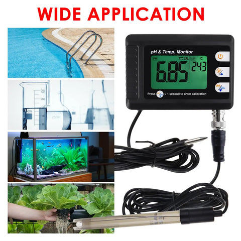 2 In 1 pH And Temperature Meter With ATC Dual Display Water Quality Tester for hydroponics, aquariums, pools, automatic calibration.