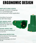 Ergonomic design of winged ground wire connector nuts, UL 467 and CSA listed, showing swept-back wing and flame retardant material.