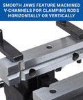 Rock Solid Five Inch Workbench Vise With Knockout Grip Smooth Non Marring Jaws And Heavy Duty Locking Mechanism for clamping rods.