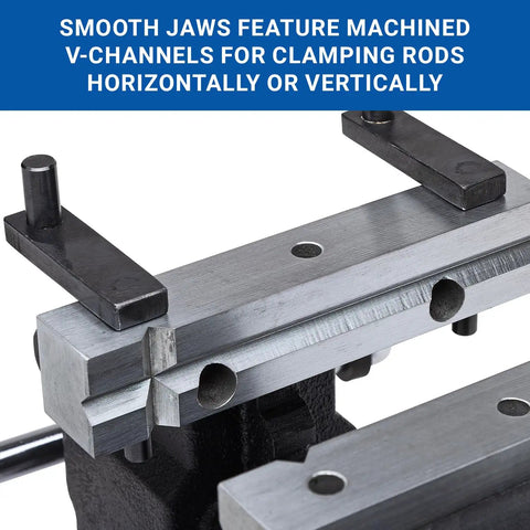 Rock Solid Five Inch Workbench Vise With Knockout Grip Smooth Non Marring Jaws And Heavy Duty Locking Mechanism for clamping rods.