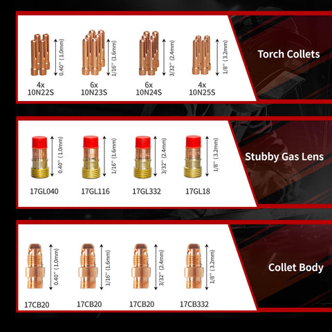 Image of torch collets, stubby gas lens, and collet body from Beast Pro-Grade TIG Welding Accessories Kit, 71 Pieces for WP 17 18 26 Torch