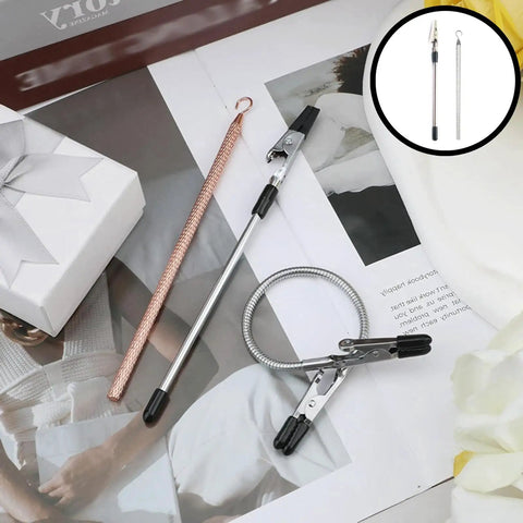 Must Have 4 Piece Bracelet Helper Tools Set With Metal Wear Aid Hooks Quick Clip On Disassembly Fasteners visible on a table.