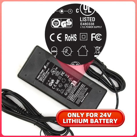 Fast 24V 2A Electric Scooter Charger for Power Chairs with 48W Output, 100-240V AC Input, UL listed, cords and label shown