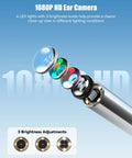 1080P Ear Camera With Light For Easy Home Checks Otoscope For Adults And Kids 1.21 Inch IPS Screen With Four Adjustable LEDs Real Time Preview Without Phone Ear Wax Removal Tool For Clear Visibility, 1080P HD lens diagram