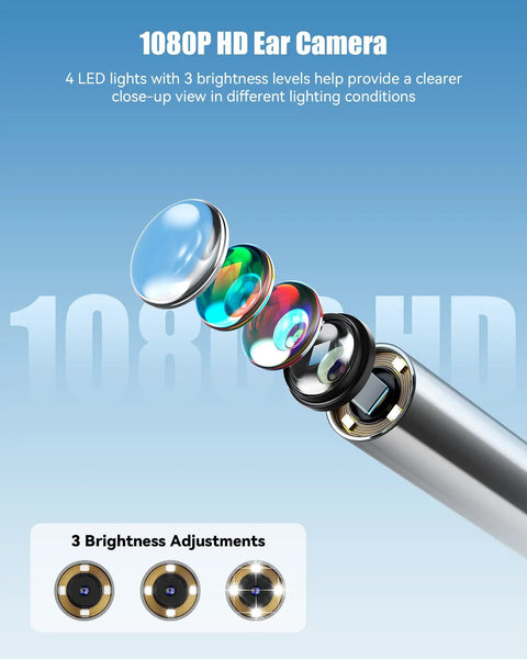 1080P Ear Camera With Light For Easy Home Checks Otoscope For Adults And Kids 1.21 Inch IPS Screen With Four Adjustable LEDs Real Time Preview Without Phone Ear Wax Removal Tool For Clear Visibility, 1080P HD lens diagram