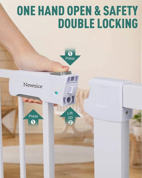 Close-up of a hand demonstrating the auto-close feature of an Extra Wide Baby Gate For Stairs And Doorways, durable white gate.