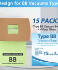 15 Pack Type BB Compact Canister Vacuum Bags Replacement For BB180 BB280 BB850 BB870 BB900 BB1000 MV160 CC1600 displayed