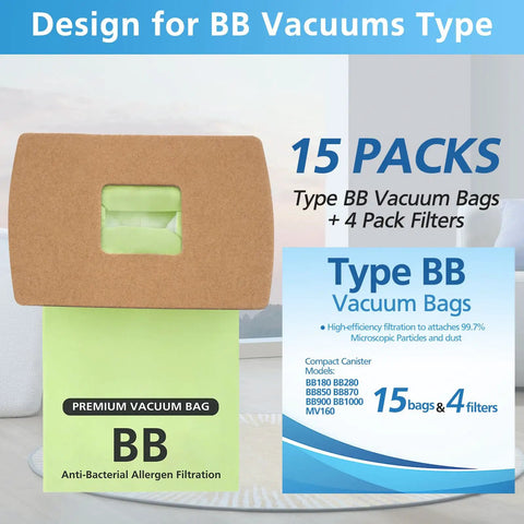 15 Pack Type BB Compact Canister Vacuum Bags Replacement For BB180 BB280 BB850 BB870 BB900 BB1000 MV160 CC1600 displayed