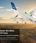 Ready To Fly 2.4GHz RC Airplane Toy With Gyro A380 Style Foam Jet in flight over desert landscape in sunset with text overlay