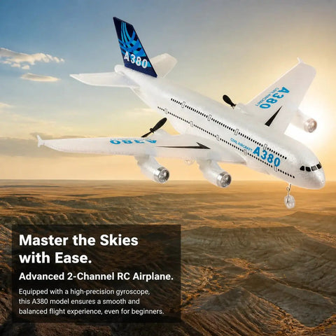 Ready To Fly 2.4GHz RC Airplane Toy With Gyro A380 Style Foam Jet in flight over desert landscape in sunset with text overlay