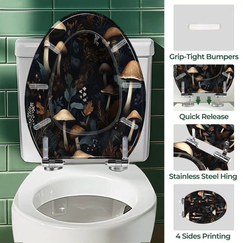Elongated Toilet Seat Resin Bathroom with mushroom design, fit for standard toilets, showing grip-tight bumpers and stainless steel hinges.