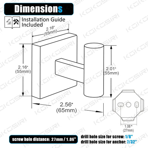 Dimensions of Tough As Nails Chrome Stainless Steel Robe Hooks Set 3 Pack with installation guide.