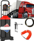 Heavy Duty Pneumatic Grease Pump With 80 To 1 Pressure Ratio And Fast Injection Output For No Sweat Car Truck And Garage Lubrication Maintenance Routines with accessories and truck background.