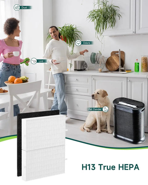 High Efficiency Replacement Filter For Compatible Filtration Systems With No Fuss Install And Effortless Setup Delivering Fast Filtration Long Lasting Performance Minimal Maintenance Time Saving And Clean Air You Can Count On shown with HEPA air purifier in a modern kitchen with pet.