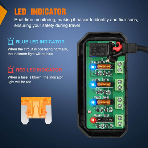 12V Motorcycle Fuse Box With 20A Low Profile Terminal Block And LED Indicator showing blue and red LED indicators