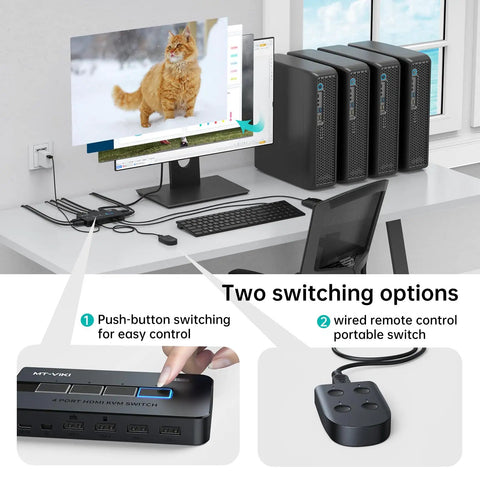 Hella Smooth 4 Port HDMI KVM Switch That Lets You Run Four Pcs Off One Keyboard Mouse And Display While Delivering Crisp 4K30Hz Video And Totally No Sweat Button Switching For A Sweet Clean Workstation with PC setups and two switching options.