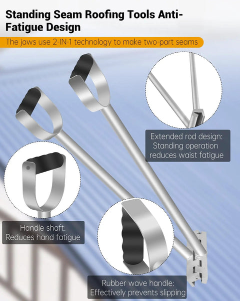 Two In One Standing Seam Roofing Hand Seamer Tool with ergonomic design showing dual jaws and anti-fatigue features for metal panels.