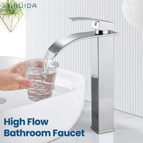 Vessel Sink Faucet Tall Waterfall Bathroom Faucet With Single Handle One Hole Mount Rectangular Spout Chrome Finish