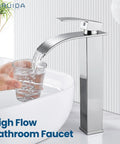 Tall Vessel Sink Faucet With Waterfall Flow Style Single Hole Install One Handle Mixer Tap Chrome Finish Pop Up Drain