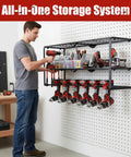 Power Tool Organizer Wall Mount With 3 Level Drill Rack And Charging Station, Adjustable Hooks And Eight Drill Holders