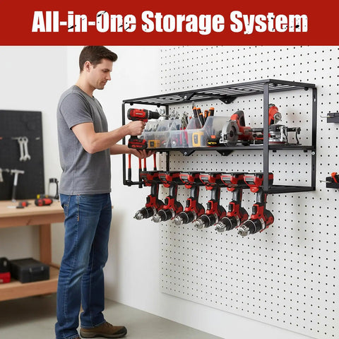 Power Tool Organizer Wall Mount With 3 Level Drill Rack And Charging Station, Adjustable Hooks And Eight Drill Holders